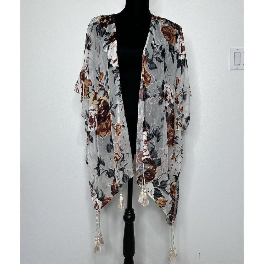 Japna‎ Velvet Burnout Kimono Relaxed Brown Floral Small